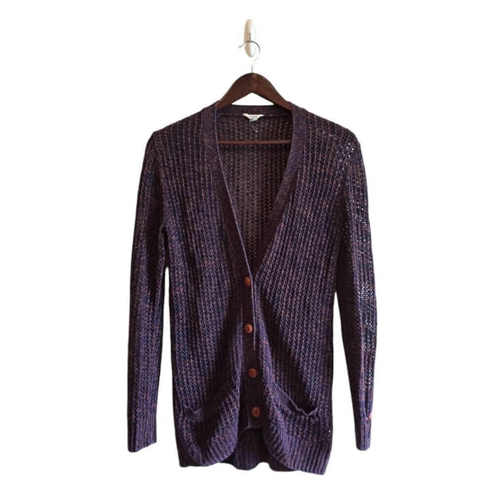 Fossil Marled Open Knit V-Neck Button Front Cardigan Sz S
